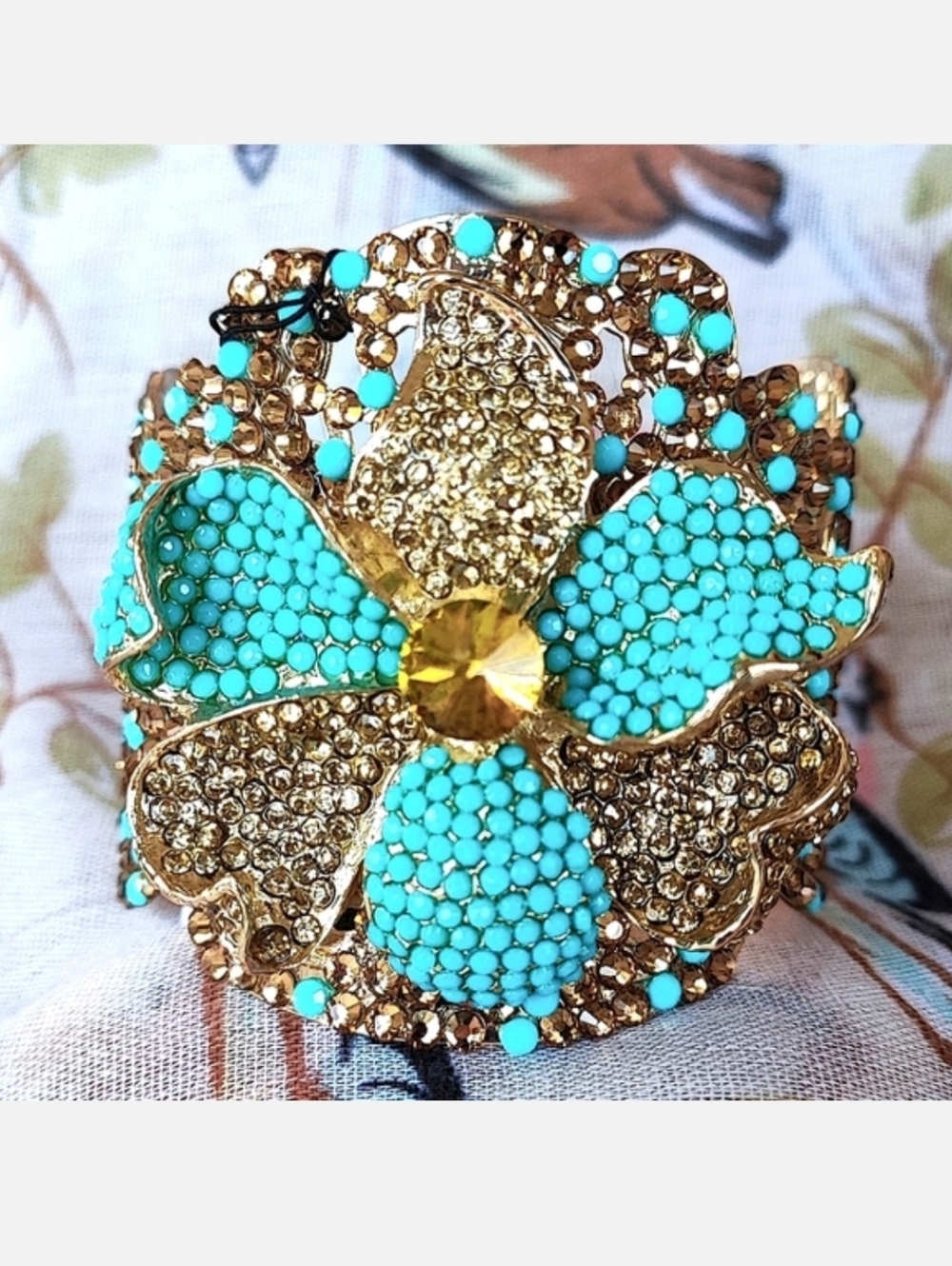 Cezanne Shiny Gold Tone Filigree Cuff Bracelet Faux Turquoise Topaz Rhinestones